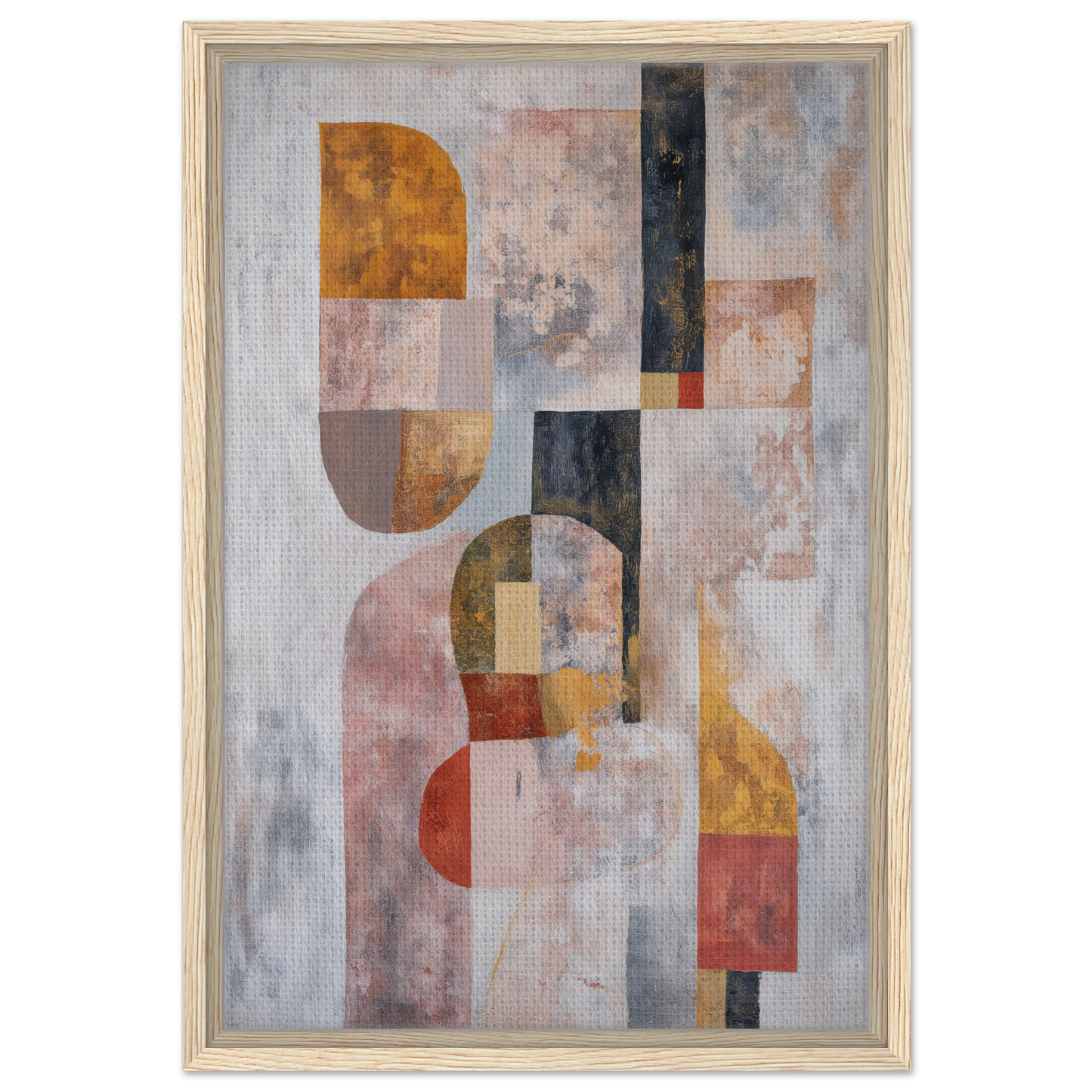 Abstract painting of geometric shapes in muted colors, Interwoven Dream Geometry framed canvas print