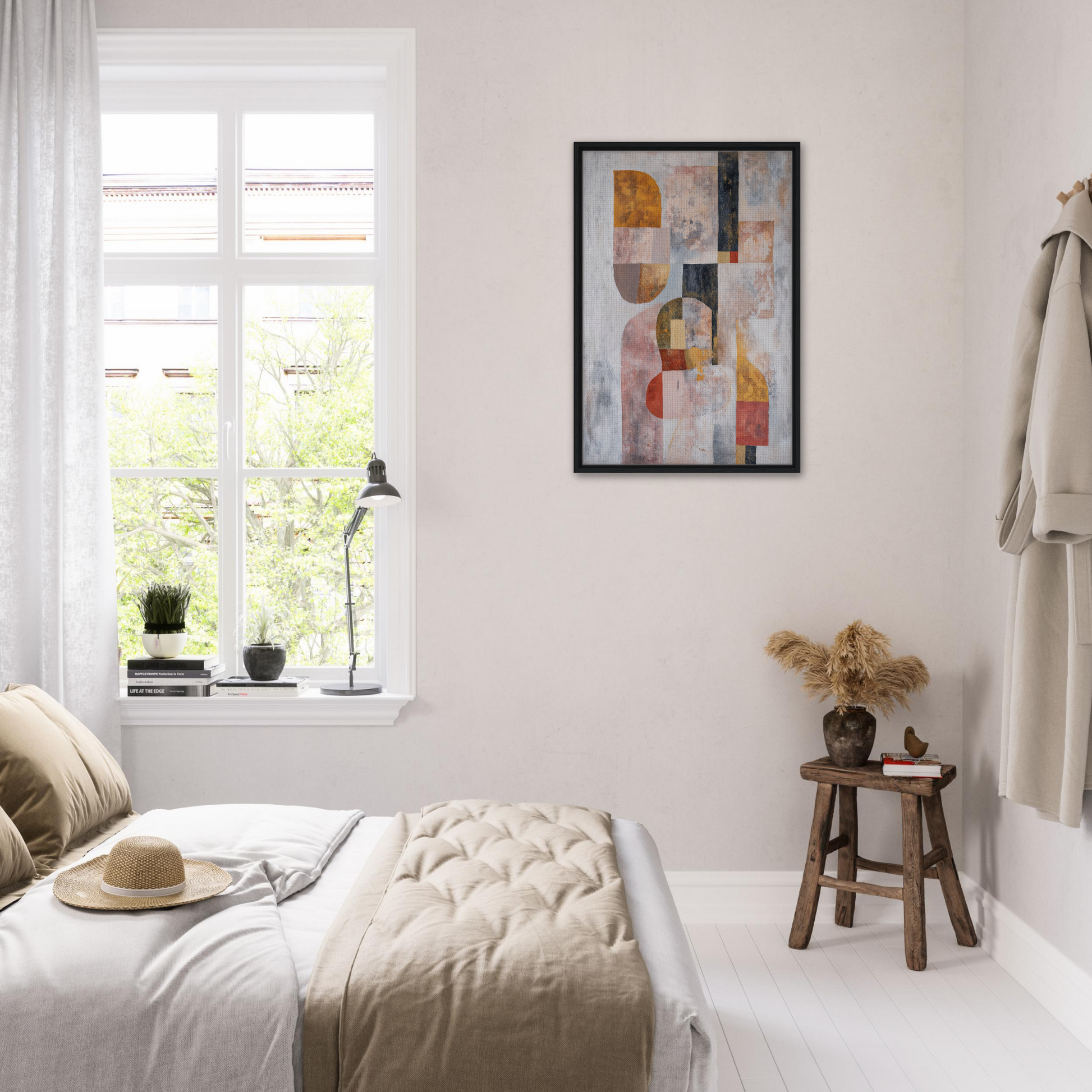 Bright minimalist bedroom showcasing Interwoven Dream Geometry room decor with white bedding