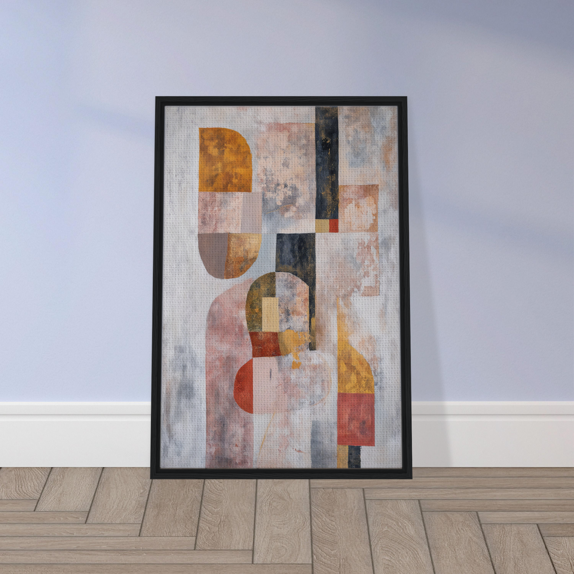 Framed canvas print of Interwoven Dream Geometry with geometric shapes in earthy tones