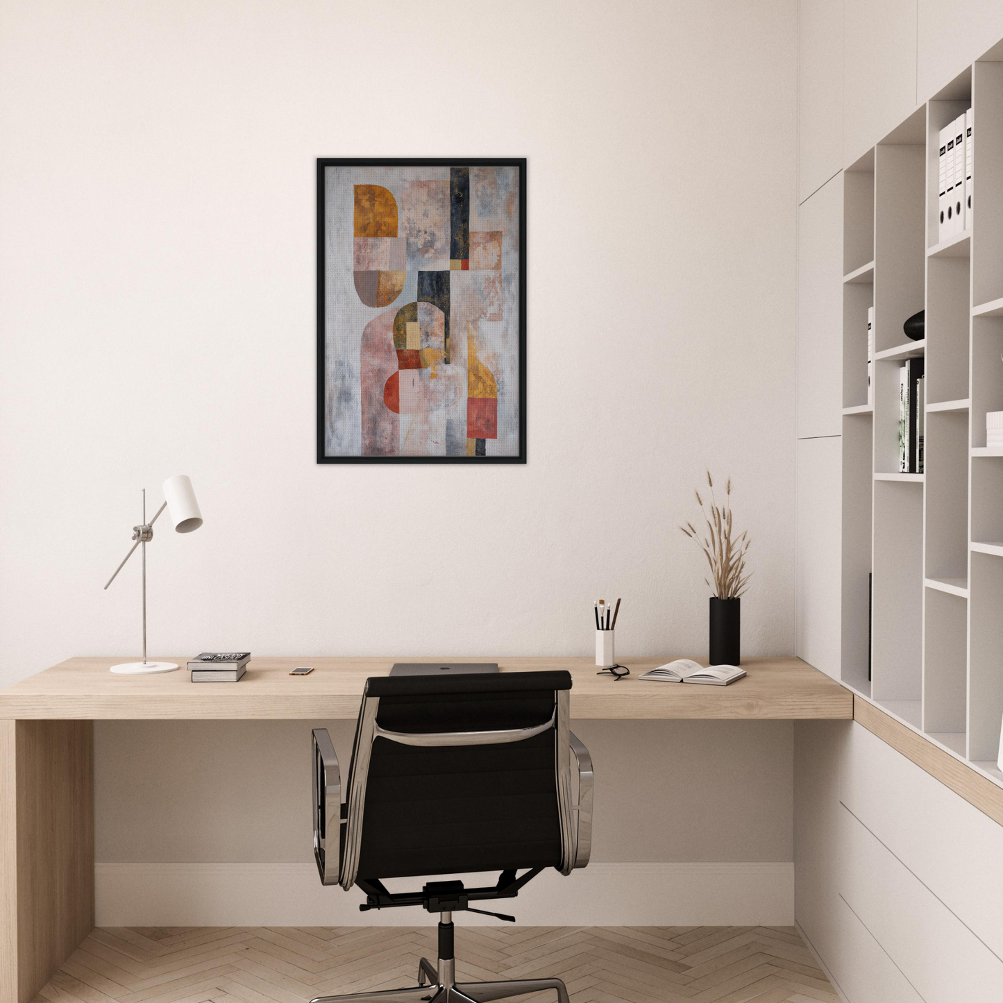 Minimalist home office workspace with Interwoven Dream Geometry wall art and decor