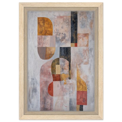 Abstract painting of muted geometric shapes in light wood frame, Interwoven Dream Geometry