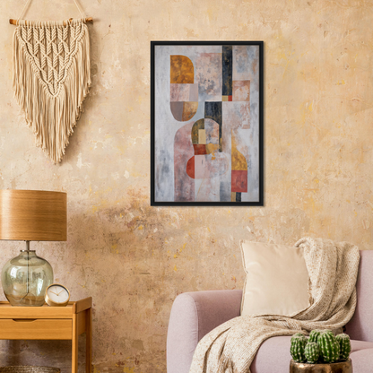 Abstract framed canvas print of Interwoven Dream Geometry with muted pastel geometric shapes