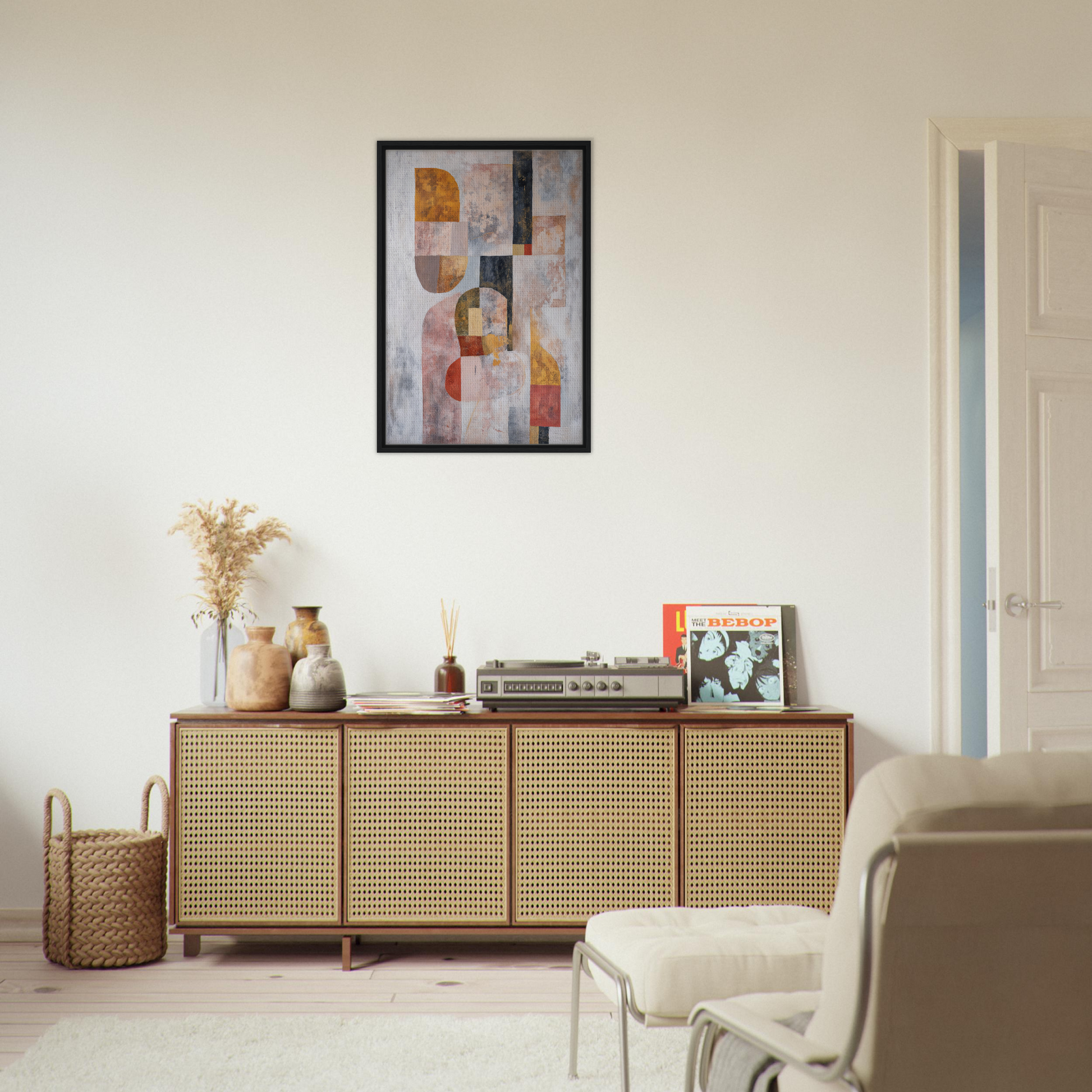 Wooden sideboard with cane-webbed doors and decorative items from Interwoven Dream Geometry