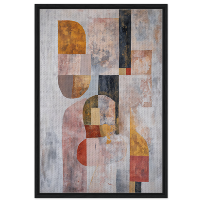 Abstract painting of geometric shapes in earthy tones framed as Interwoven Dream Geometry