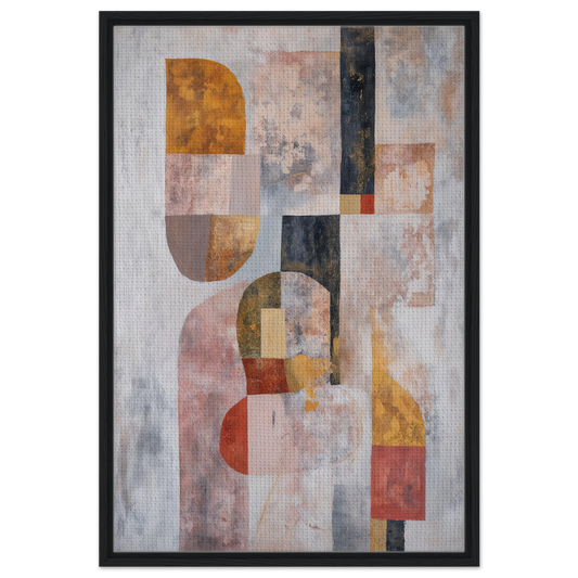 Abstract painting of geometric shapes in earthy tones framed as Interwoven Dream Geometry