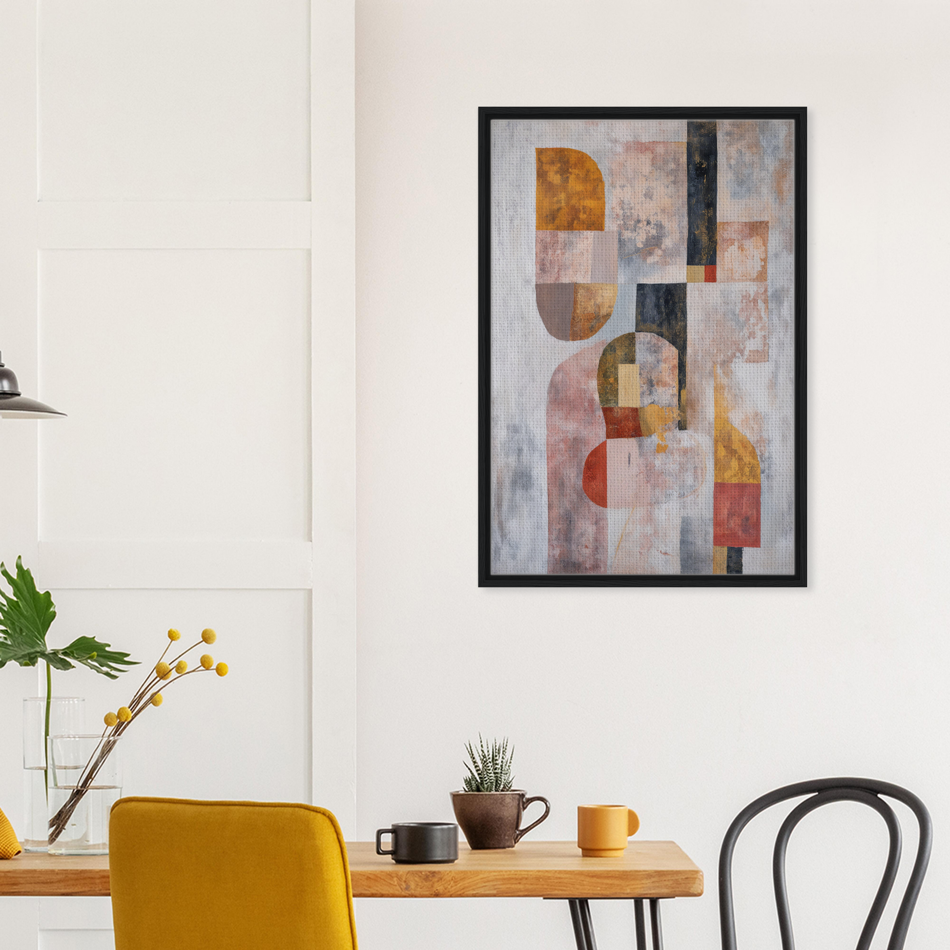 Abstract painting titled Interwoven Dream Geometry in muted earthy tones for room decor