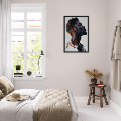 Bright, airy bedroom with minimalist decor featuring Introspective Chromatic Aphorism artwork