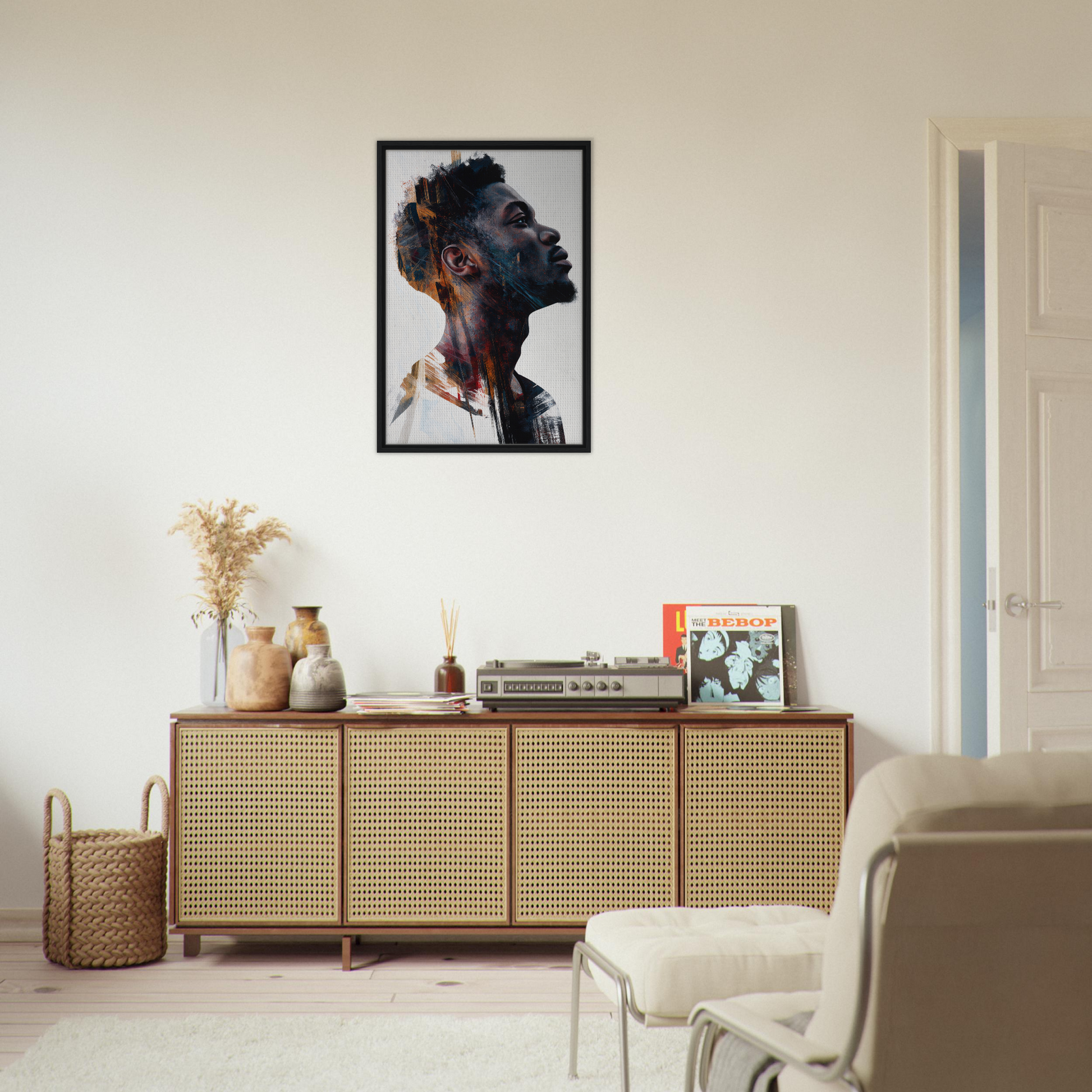 Portrait of a person with textured hair and upward gaze in Framed Canvas Print titled Introspective Chromatic Aphorism