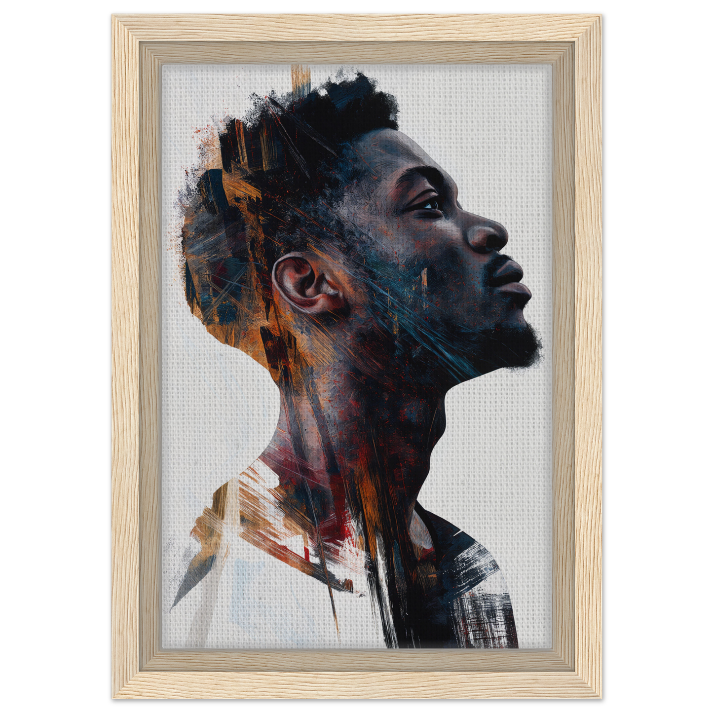 Portrait of a young Black man in vibrant colors, framed canvas print from Introspective Chromatic Aphorism