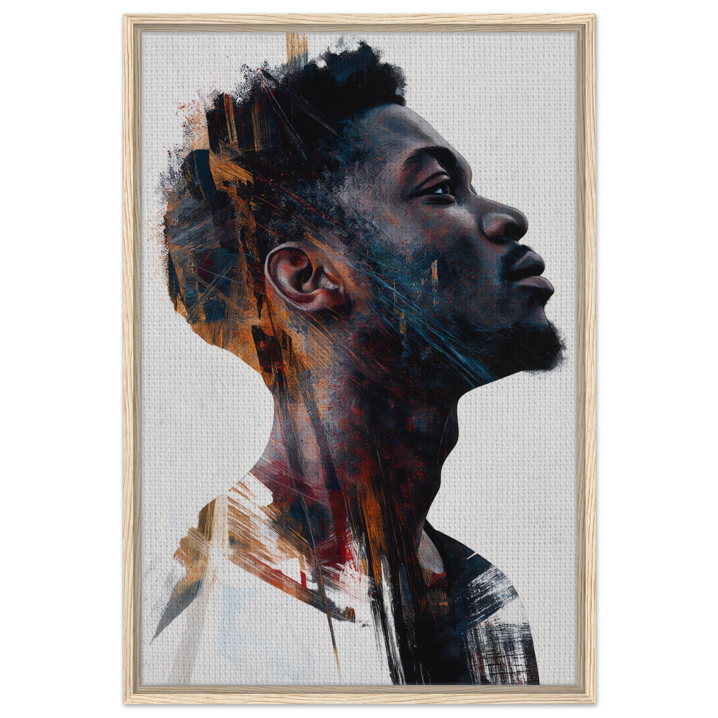 Portrait of a Black man with vivid textures, featured in Introspective Chromatic Aphorism framed canvas print