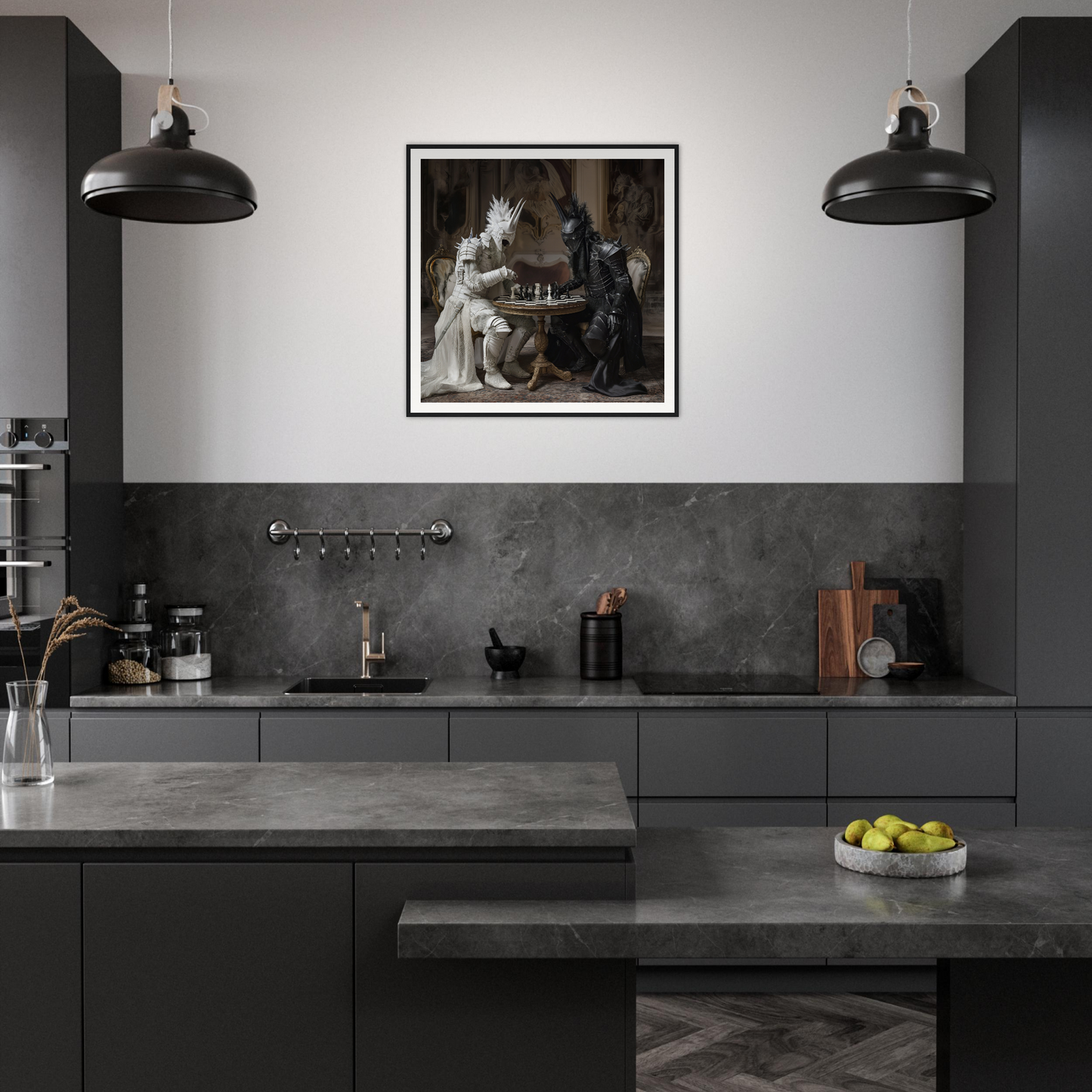 Modern dark gray kitchen with industrial lights and Clash Atlas framed artwork