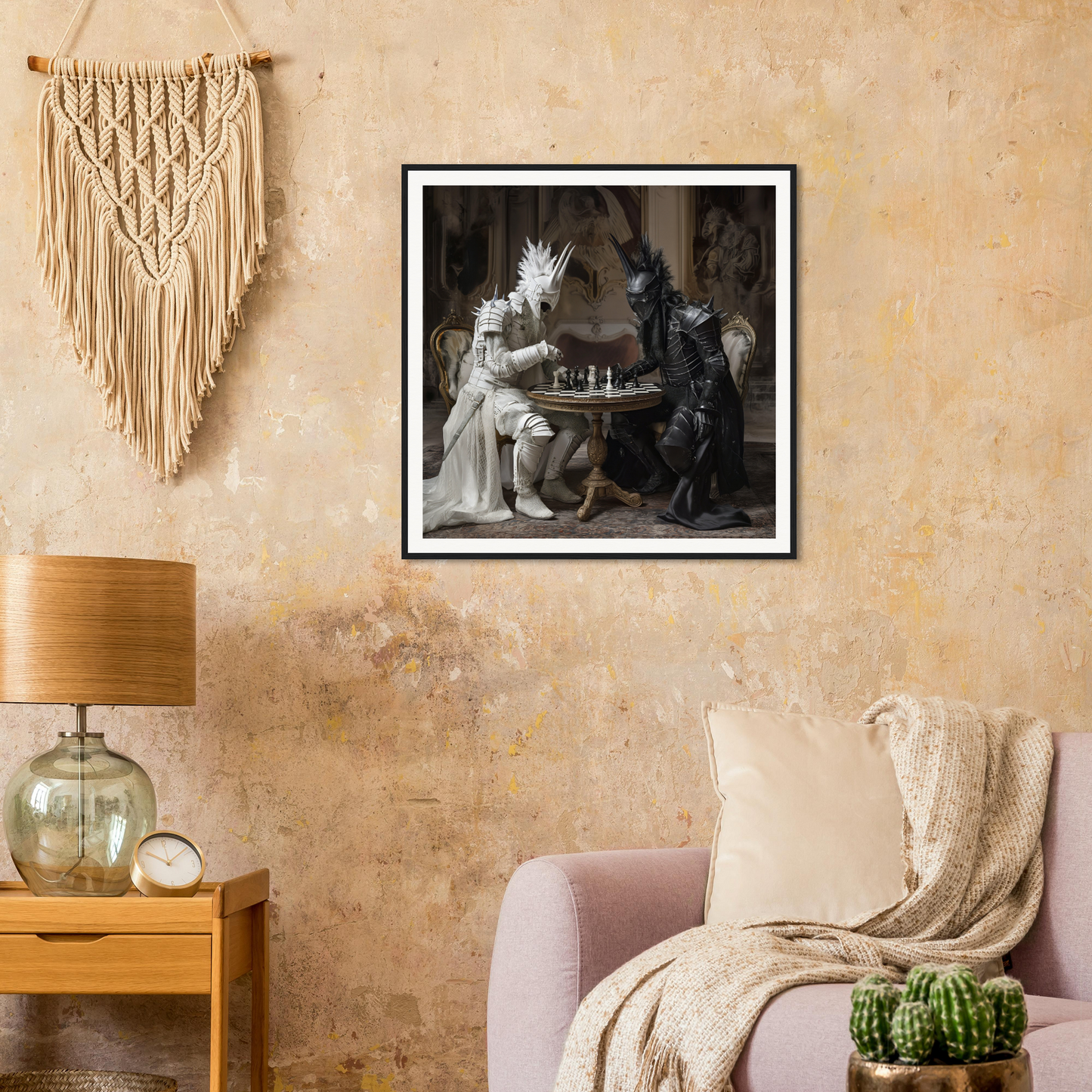 Framed black and white photo of two figures playing chess for Iron Clash Atlas