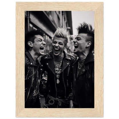 Black and white photograph of three exuberant punk rockers laughing together.