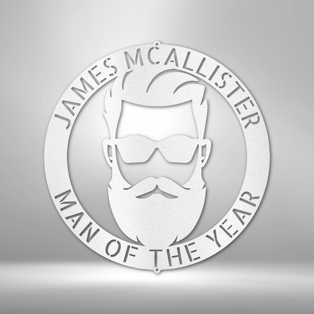 Circular logo featuring a stylized bearded man’s face with sunglasses and text reading ’James McAllister Man of the Year’.