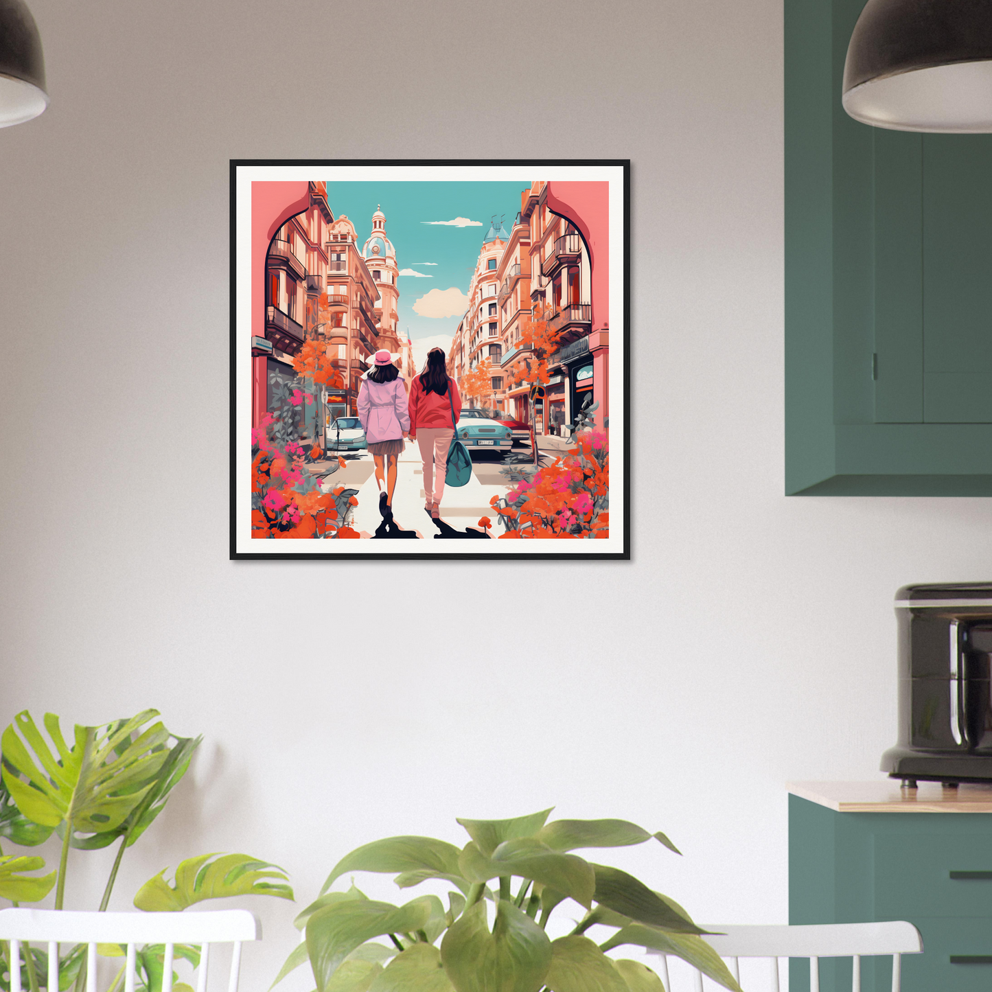 Framed wall art of two figures on a colorful street in Jazzed Urban Reverie