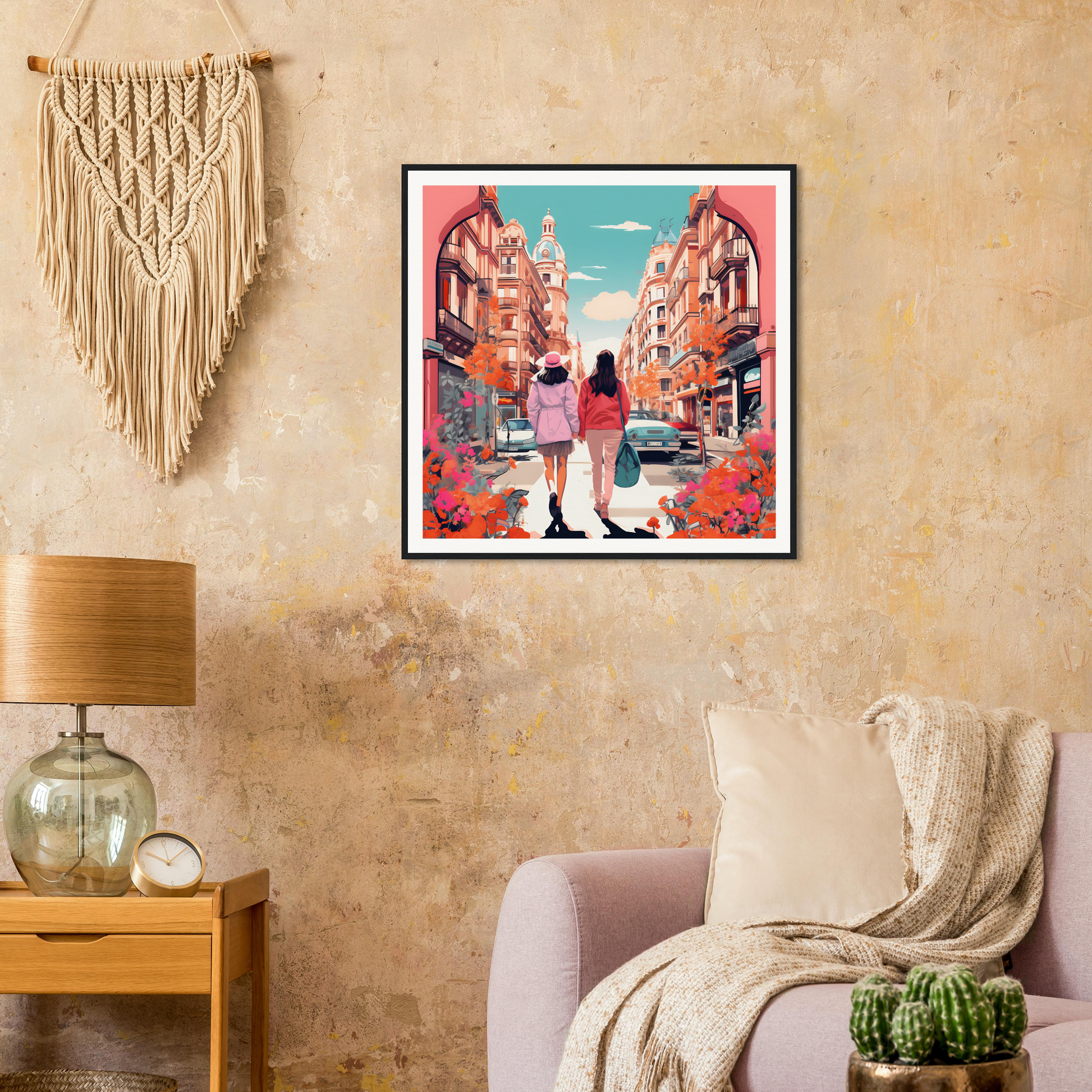 Framed wall art of Jazzed Urban Reverie with figures walking a vibrant city street