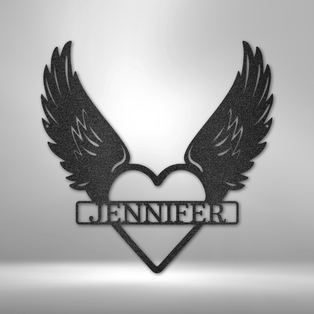 Black silhouette of wings with a heart shape and the name ’JENNIFER’ in the center.