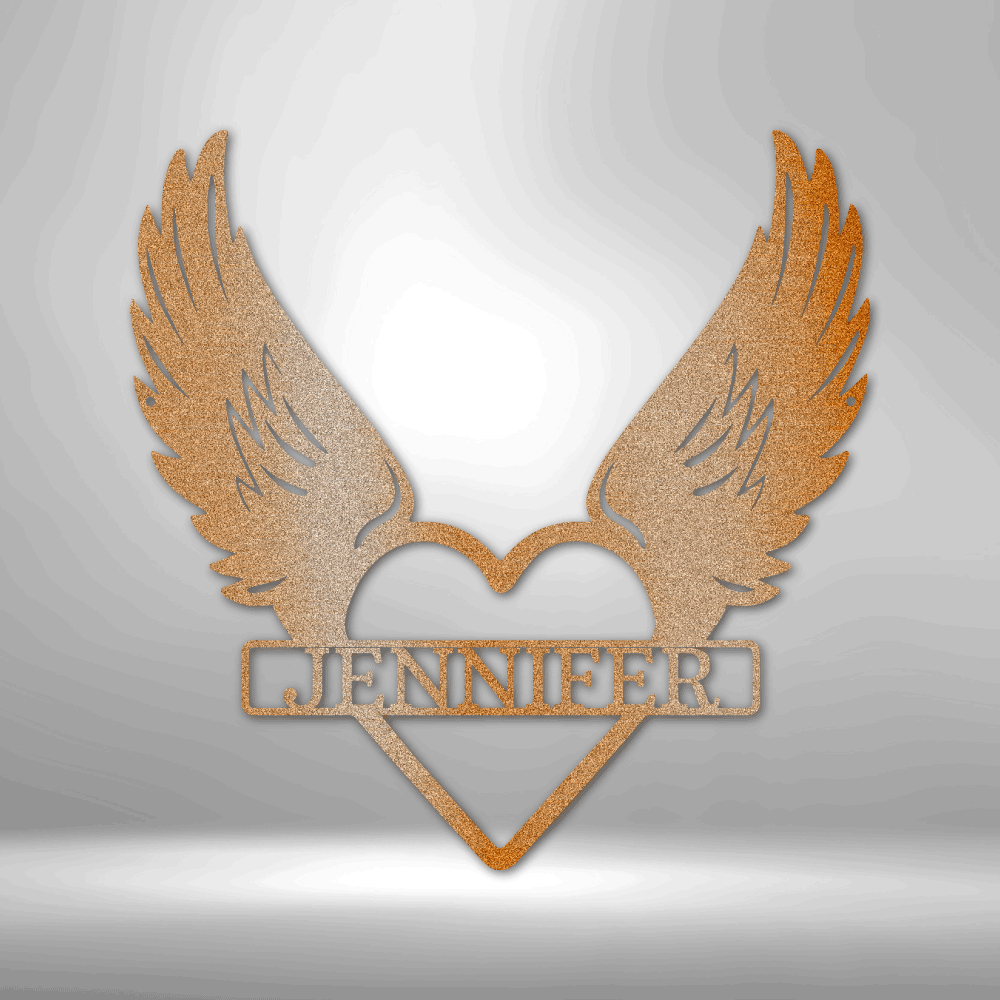 Golden winged heart design with the name ’JENNIFER’ inscribed below.