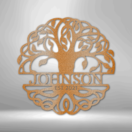 Decorative tree-shaped wall art with ’JOHNSON EST. 2021’’ text incorporated into the design.