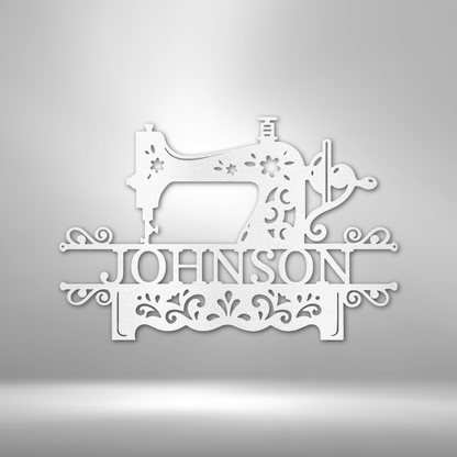 Decorative metal sign featuring a sewing machine design and the name ’JOHNSON’ in ornate lettering.