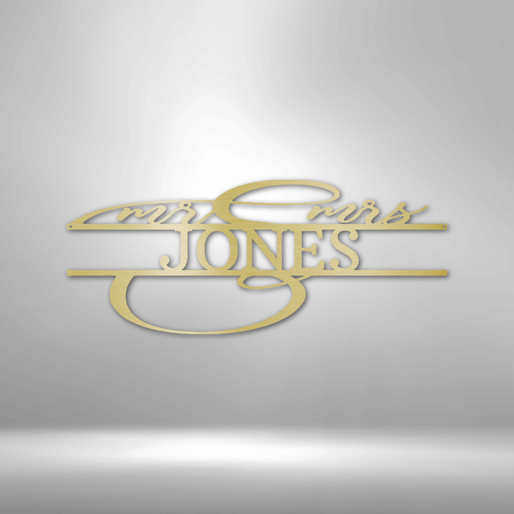 Gold-colored stylized logo featuring the name ’JONES’ with decorative flourishes.