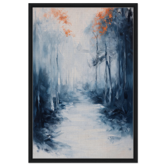 Abstract painting of a misty forest path in blue and orange for Journey Kaleidoscope Dawn