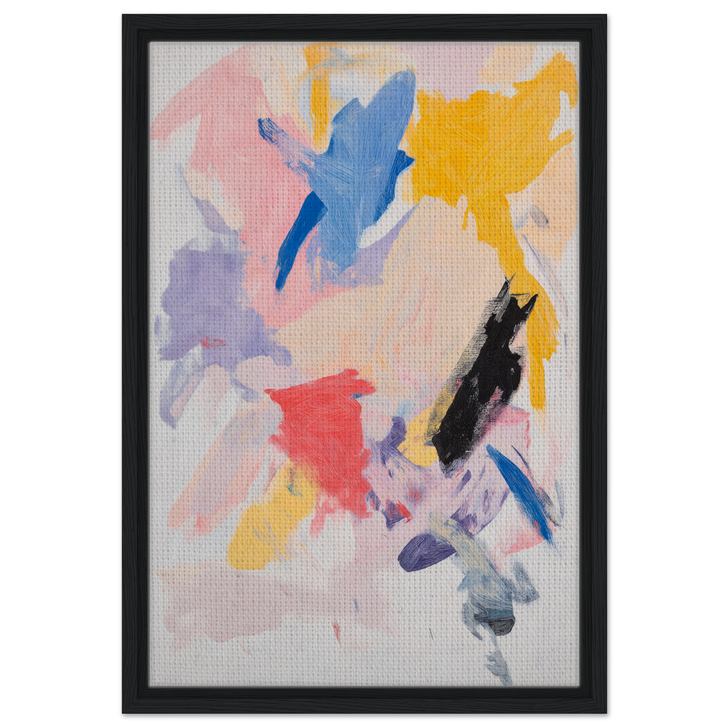 Abstract painting with vibrant brushstrokes in black frame, Joy’s Chromatic Fugue, framed canvas print