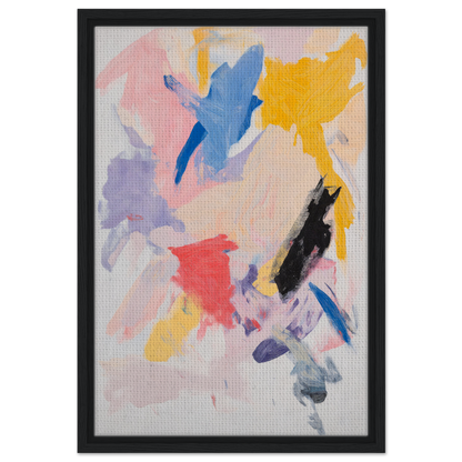 Abstract painting with vibrant brushstrokes in black frame, Joy’s Chromatic Fugue, framed canvas print