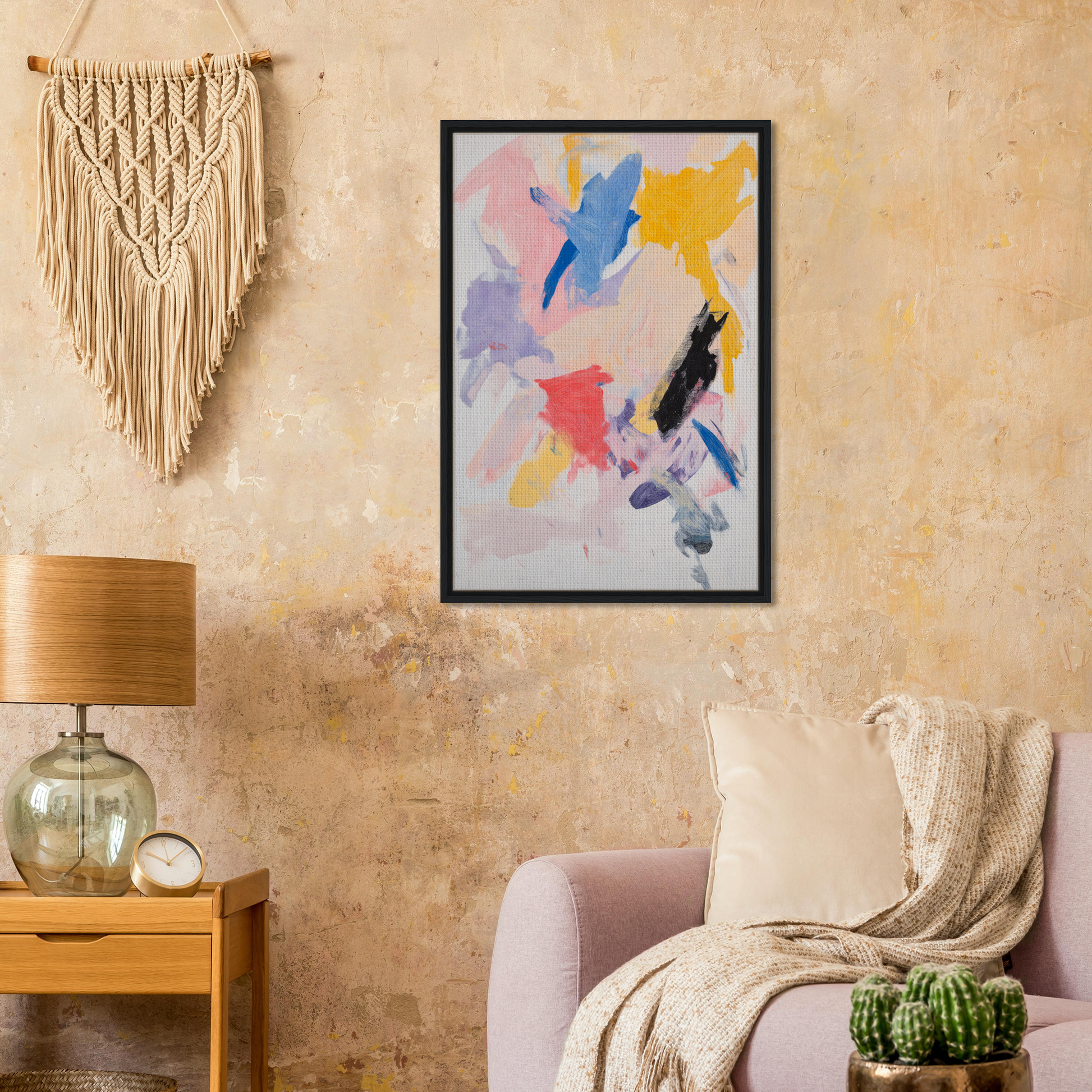 Framed abstract painting Joy’s Chromatic Fugue enhances vibrant room decor with colorful brushstrokes