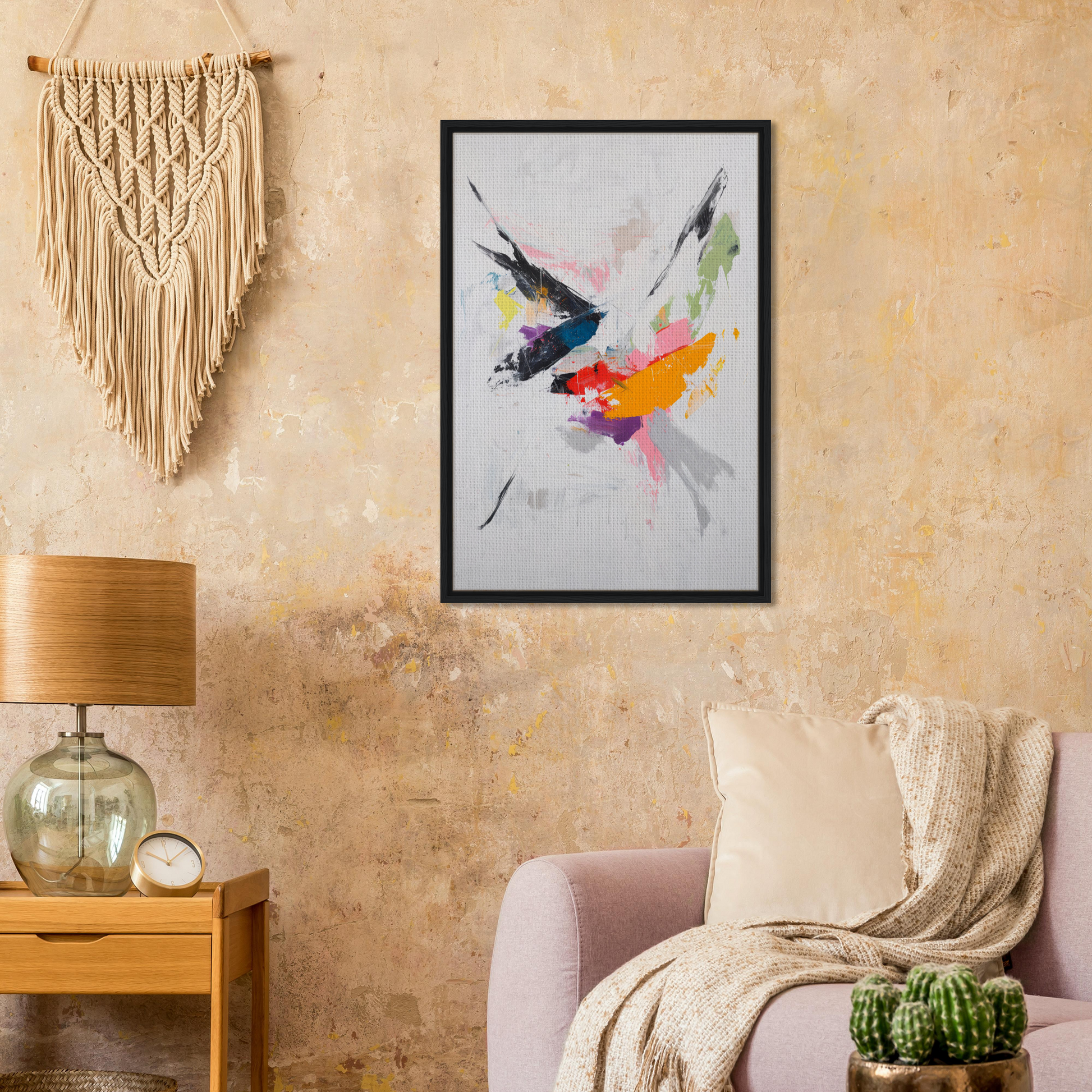 Framed canvas print of colorful bird in flight, Kadinsky’s Blissstorm by Fashion Oracle