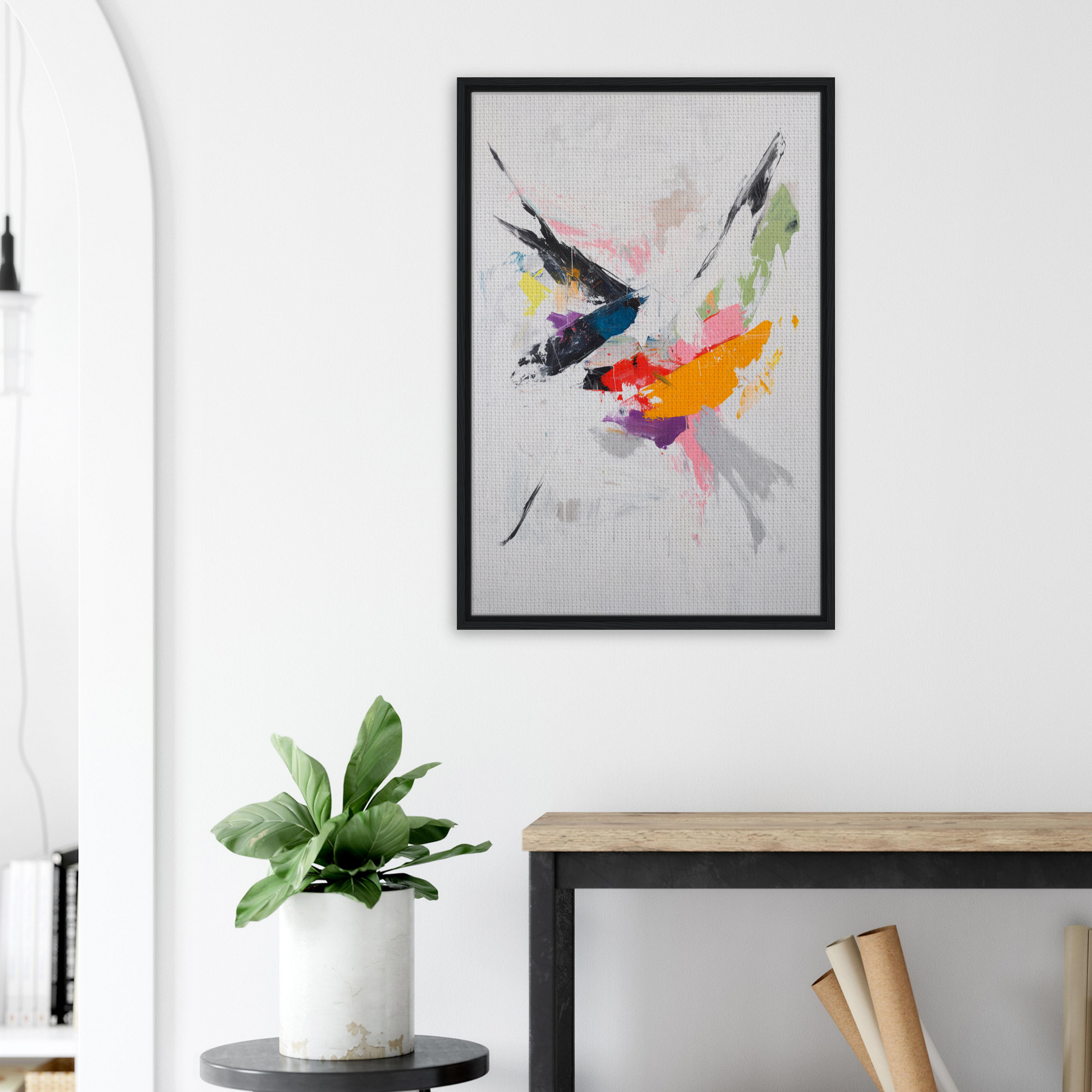 Abstract painting Kadinsky’s Blissstorm with colorful splashes in a black frame, ideal for room decor