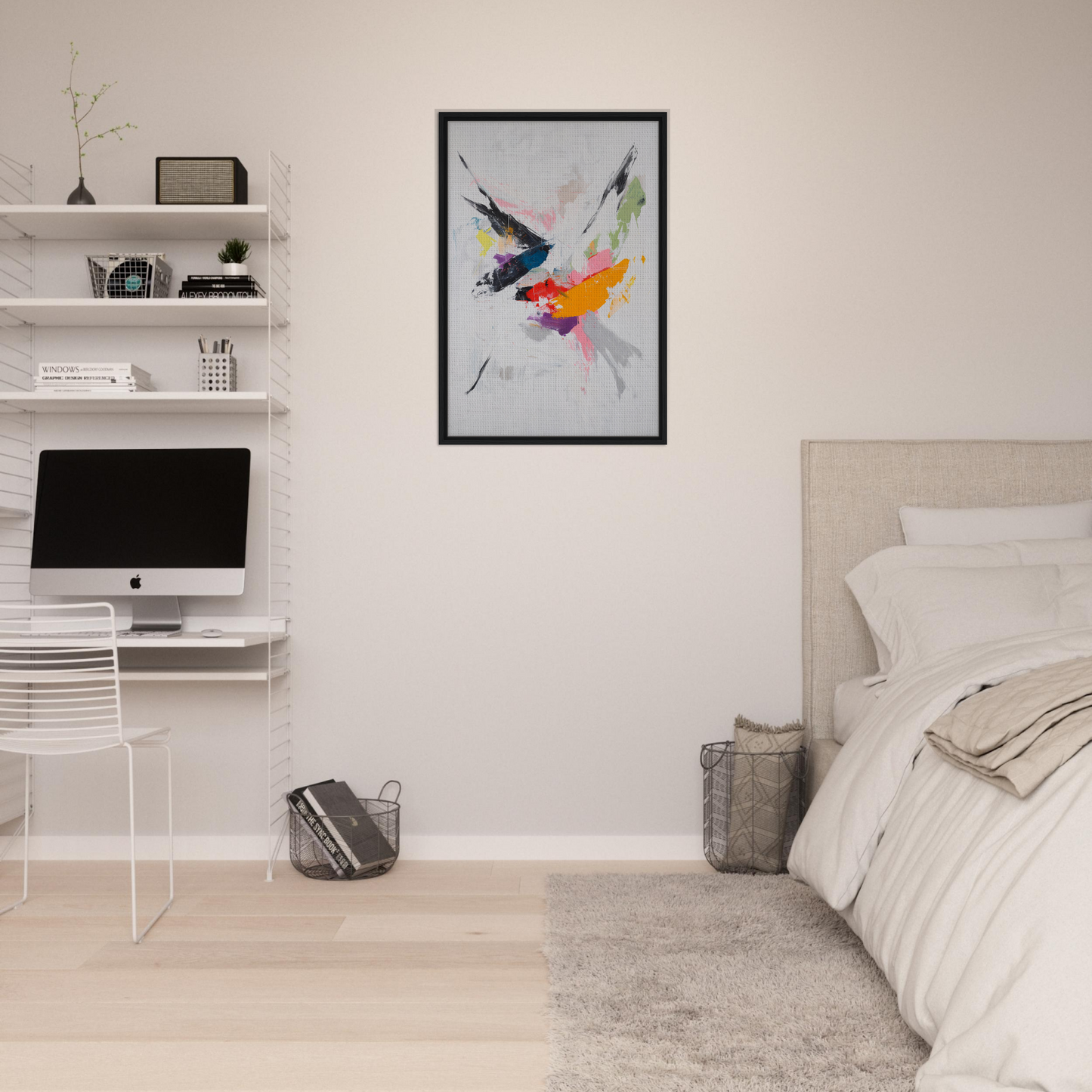 Colorful abstract birds in flight painting framed as stylish room decor, Kadinsky’s Blissstorm