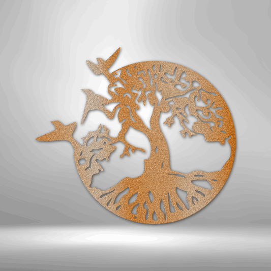 Circular tree of life design with intricate branch and root patterns cut out of a golden-hued material.