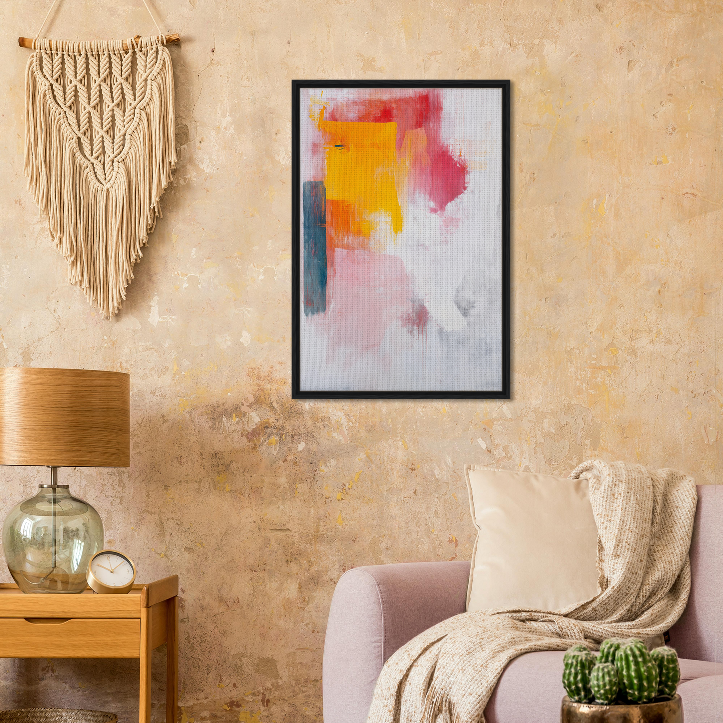 Framed canvas print featuring vibrant yellow, pink, and blue strokes from Kaleidoscope Yearning