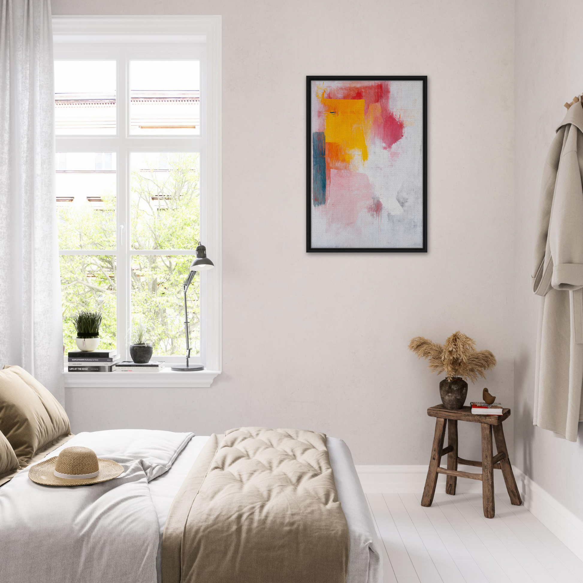 Bright, airy bedroom with white decor and colorful abstract artwork for Kaleidoscope Yearning