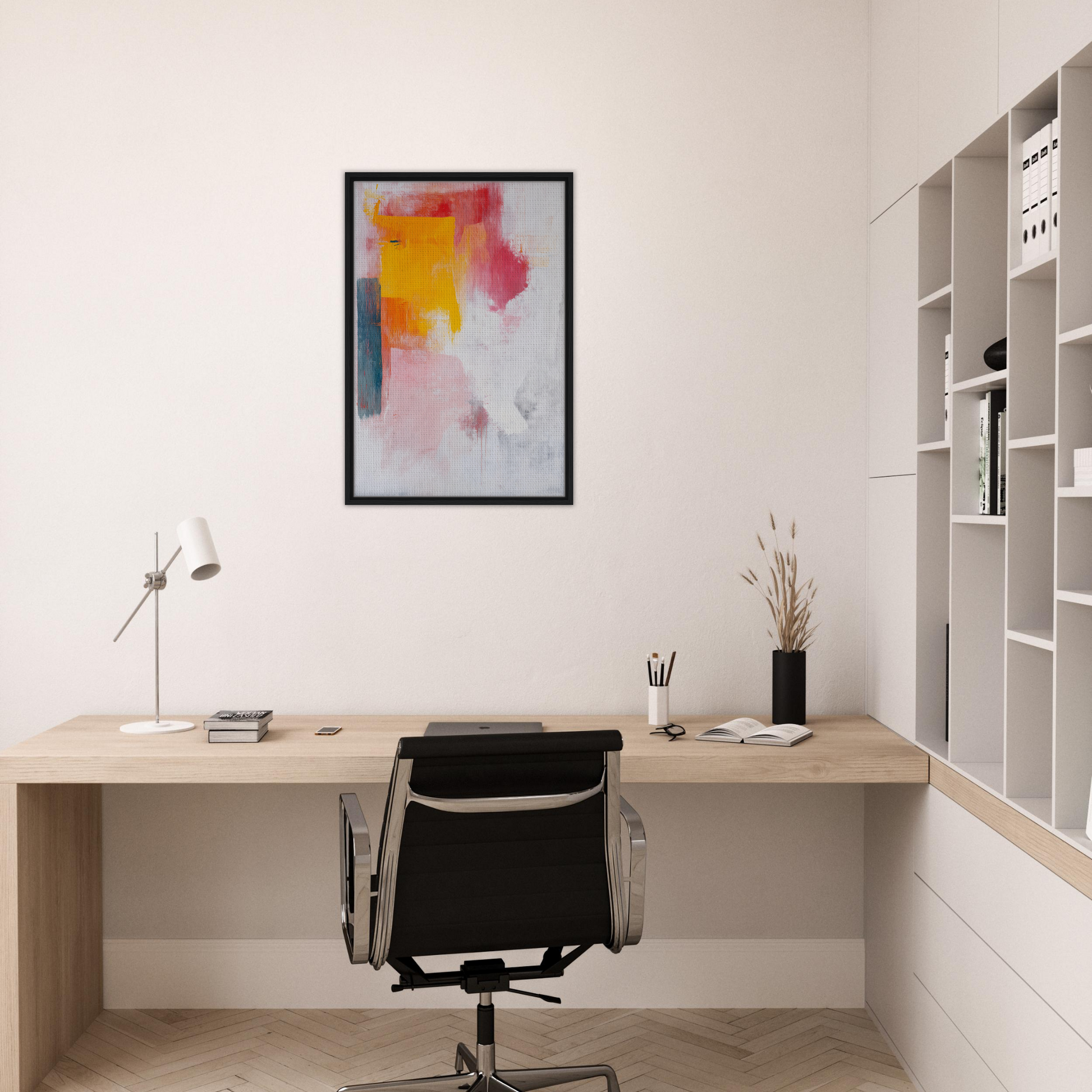 Minimalist home office with Kaleidoscope Yearning artwork, wooden desk, and black chair