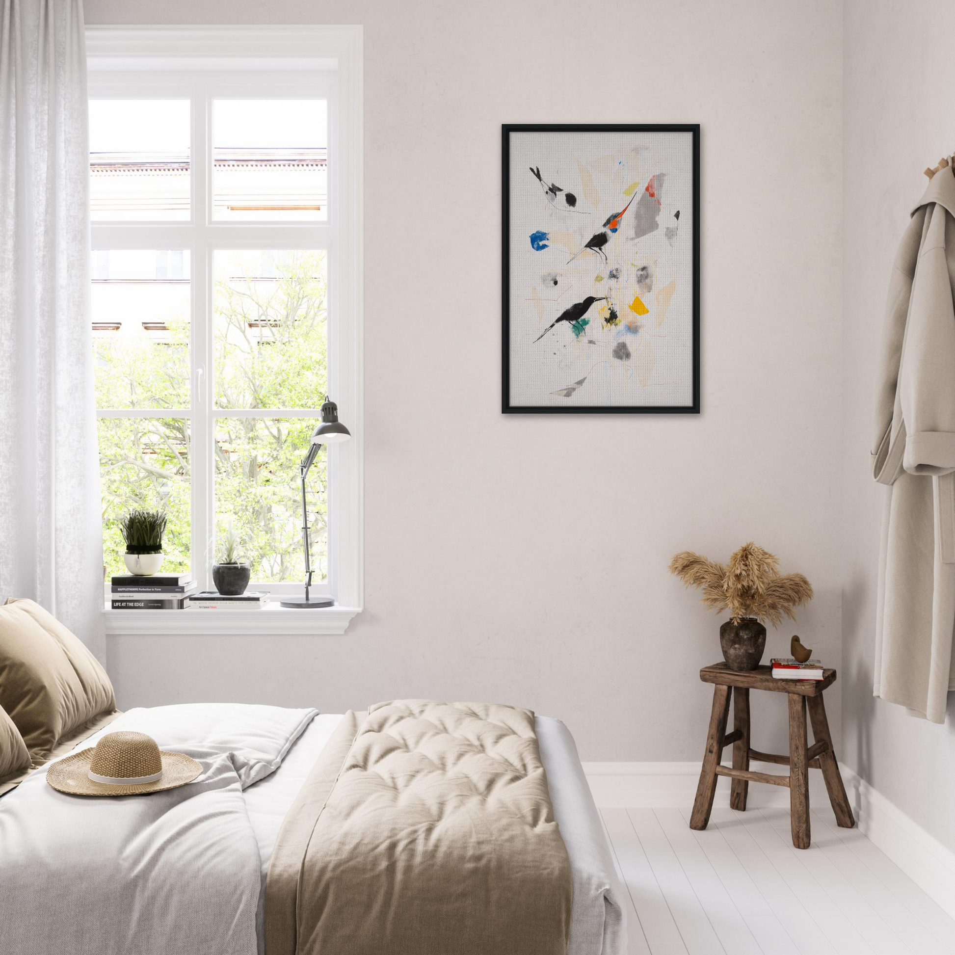 Bright, airy bedroom with minimalist decor and dark brown finishes featuring Kaleidoscopic Flight Symphony