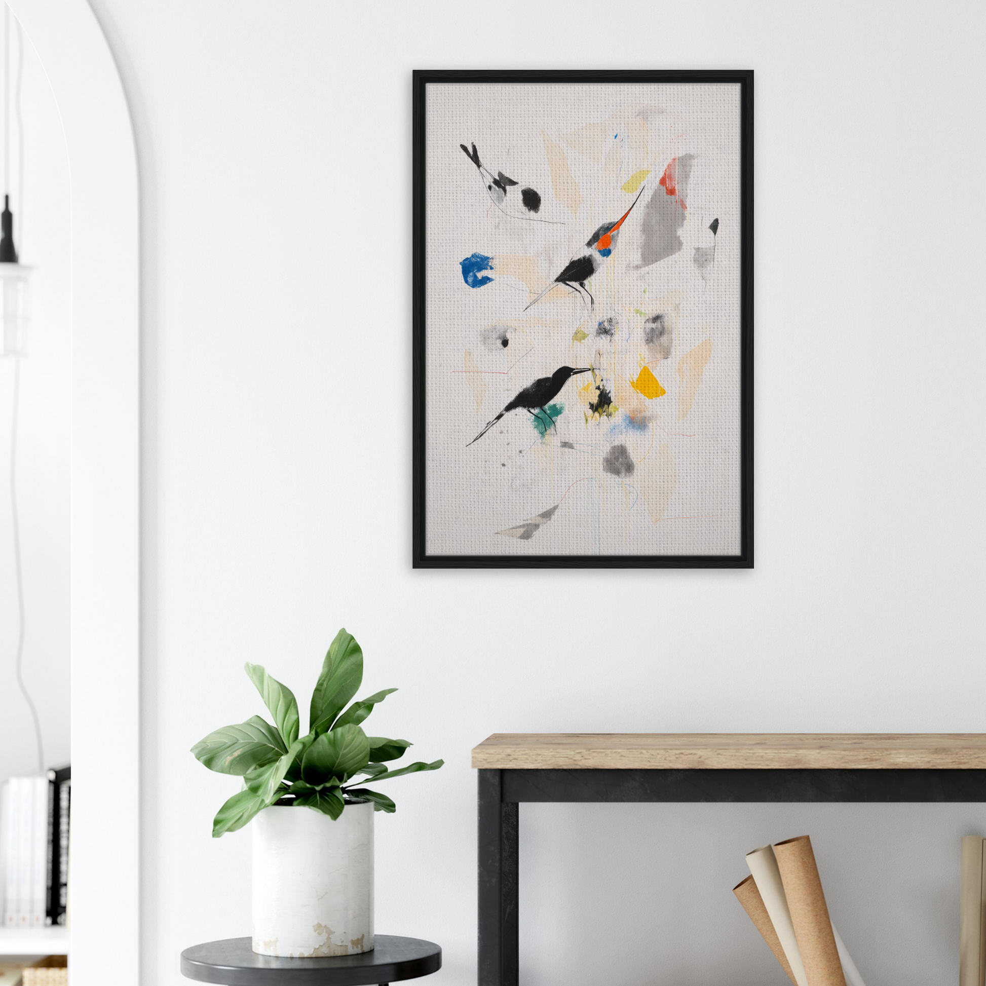 Abstract painting with colorful shapes in a black frame, Kaleidoscopic Flight Symphony