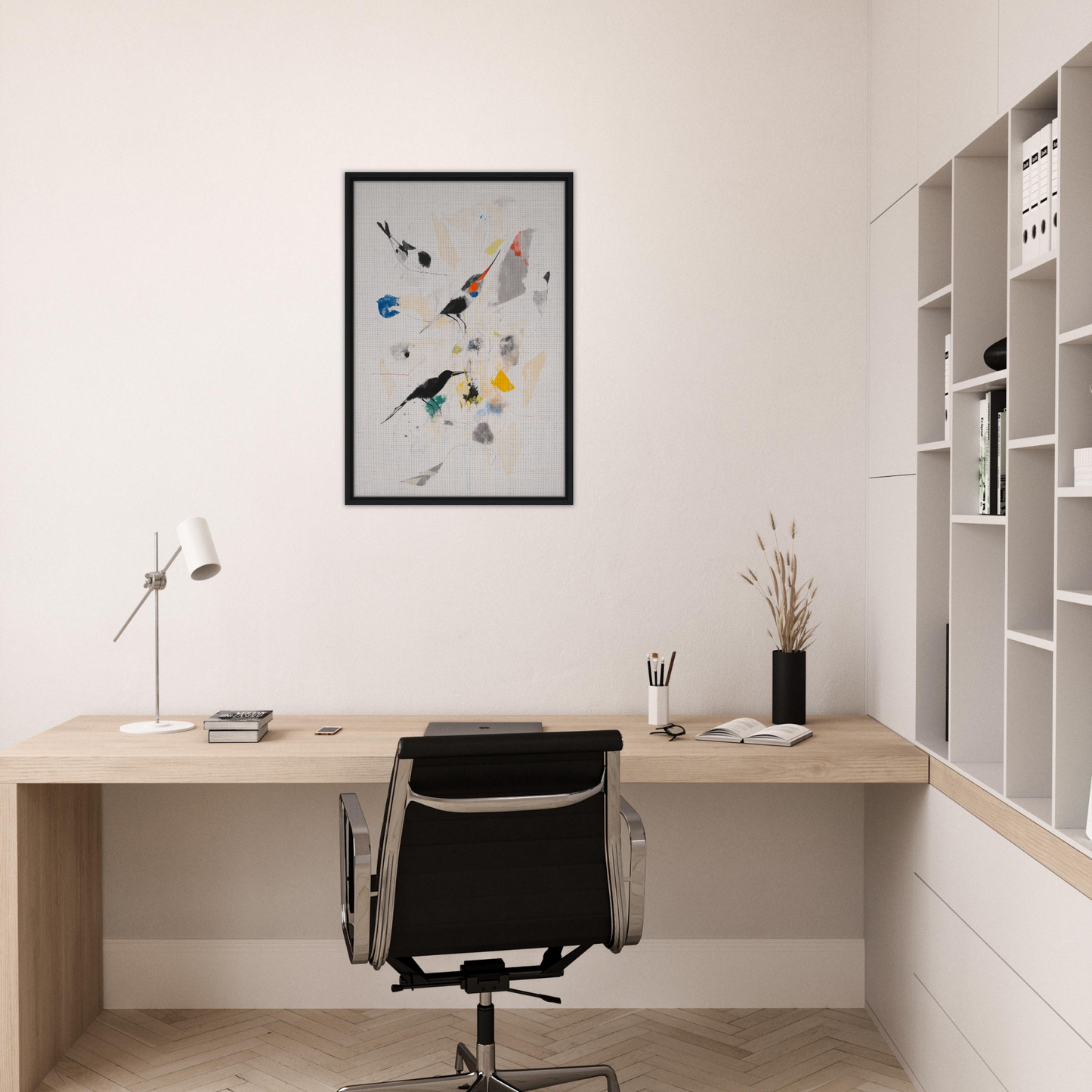 Minimalist home office workspace featuring Kaleidoscopic Flight Symphony artwork and dark brown finishes