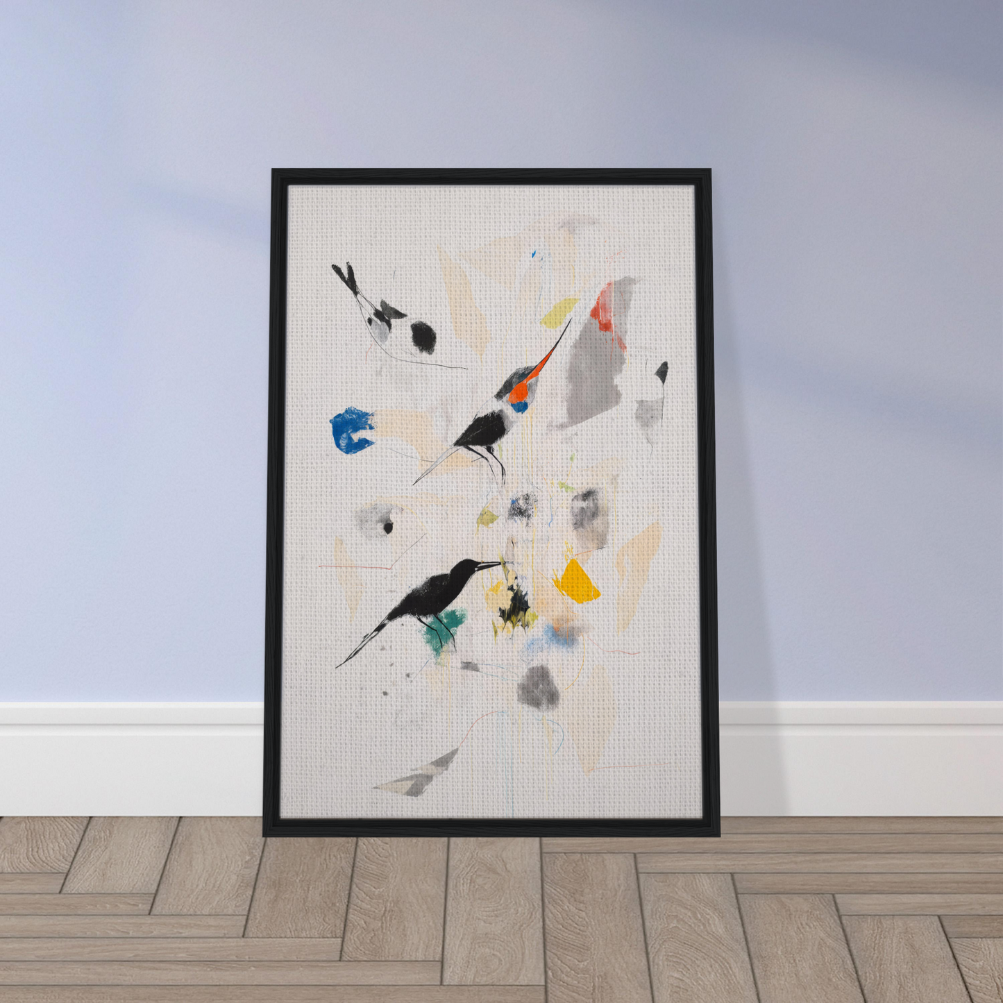 Framed Kaleidoscopic Flight Symphony artwork with colorful geometric shapes for room decor