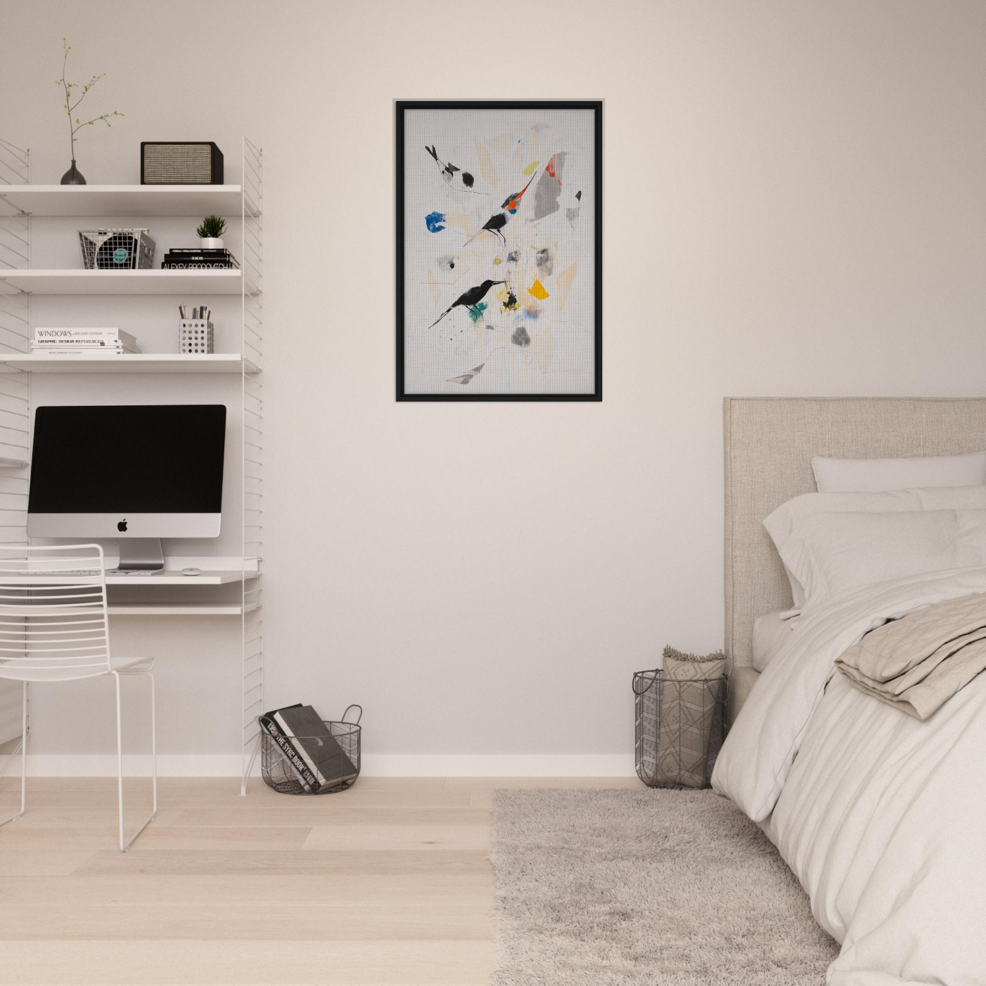 Minimalist bedroom featuring Kaleidoscopic Flight Symphony framed canvas print and dark brown finishes