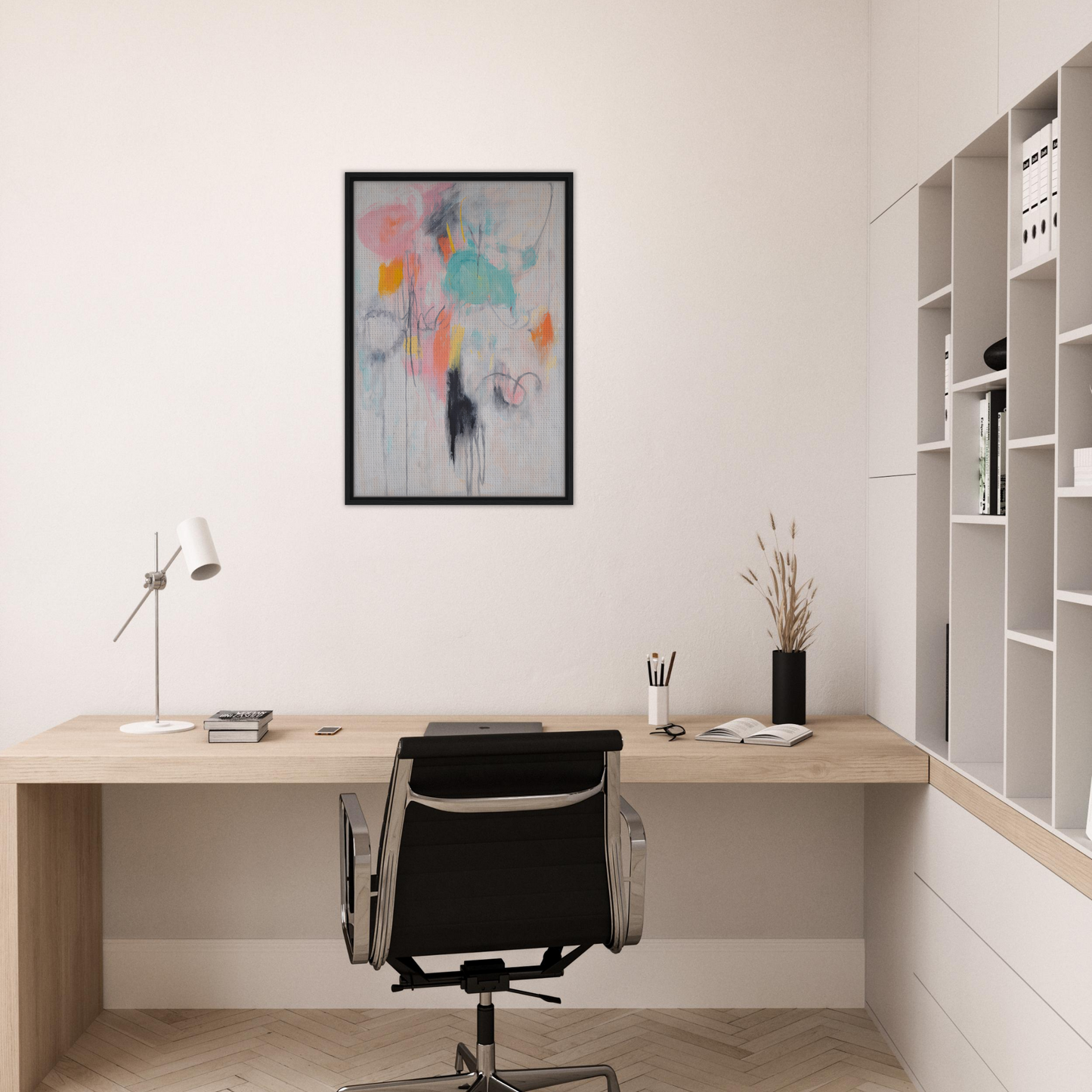 Minimalist home office featuring Kaleidoscopic Mindscape Awakens framed canvas print