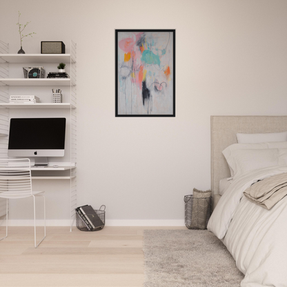 Modern bedroom with minimalist decor featuring white bed and shelves in Kaleidoscopic Mindscape Awakens