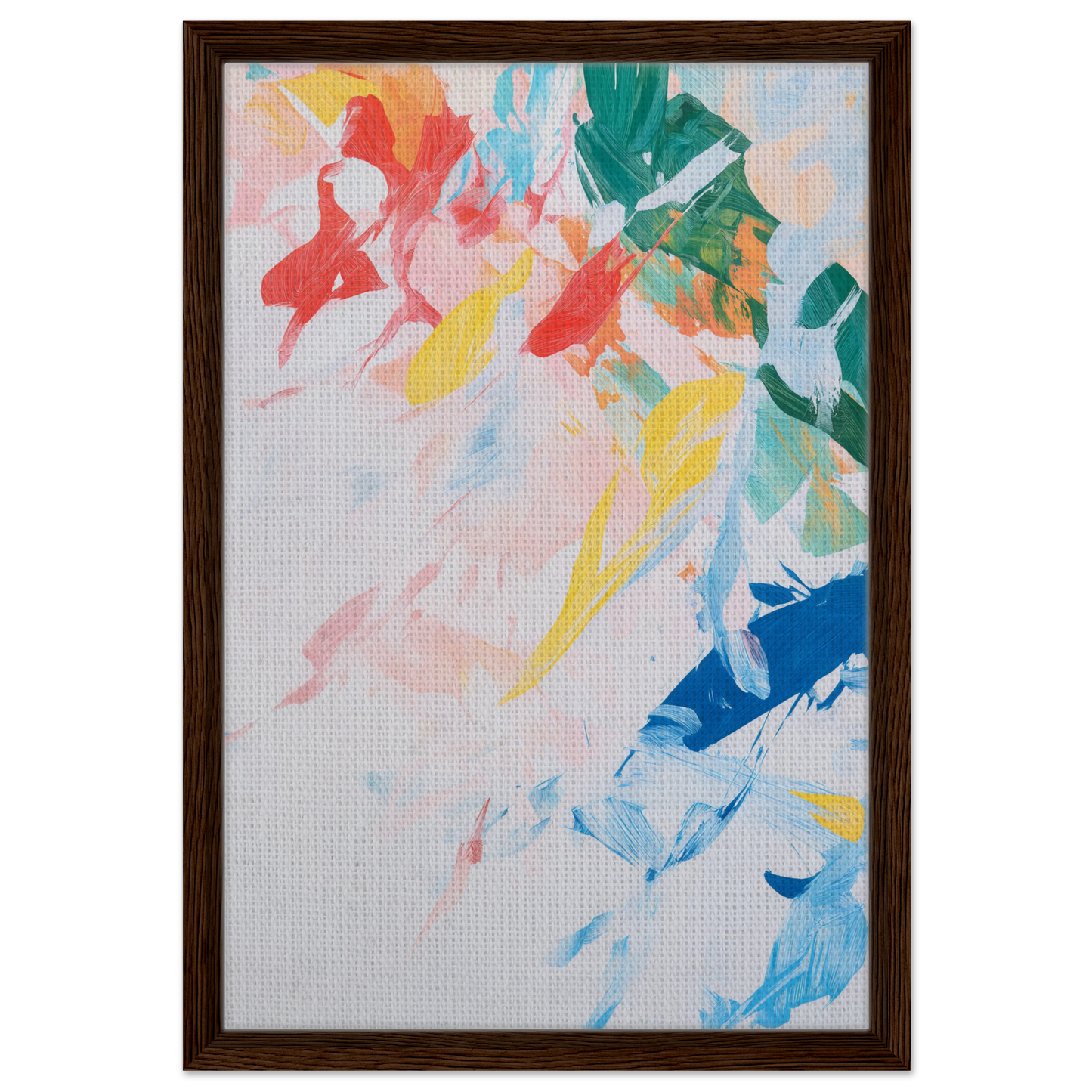 Abstract painting titled Kaleidoscopic Rhapsody Dance in a wooden frame