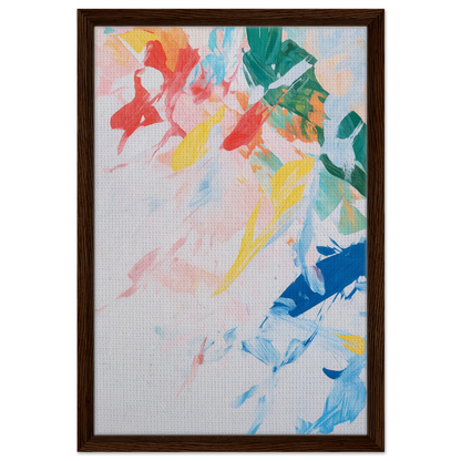 Abstract painting titled Kaleidoscopic Rhapsody Dance in a wooden frame