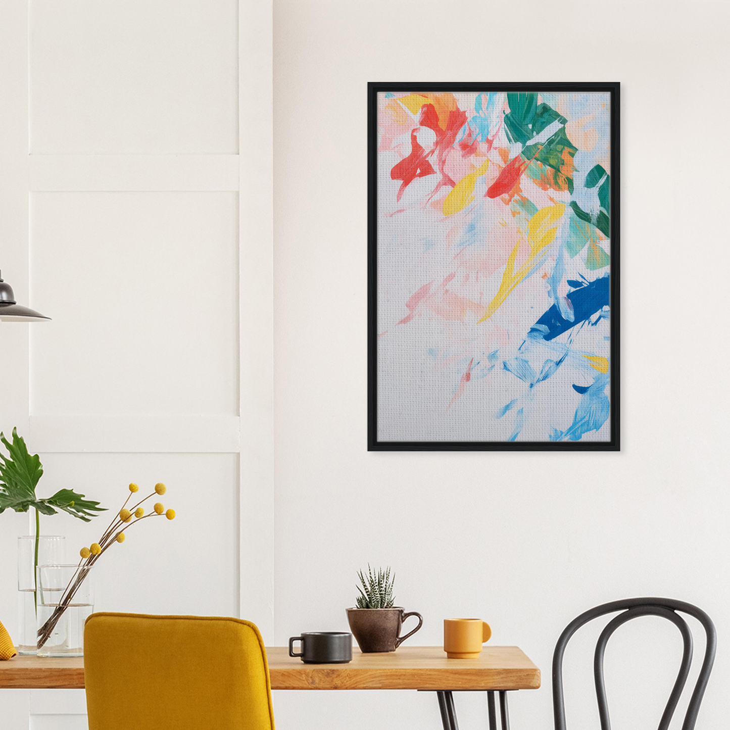 Colorful abstract painting in black frame, Kaleidoscopic Rhapsody Dance on white wall