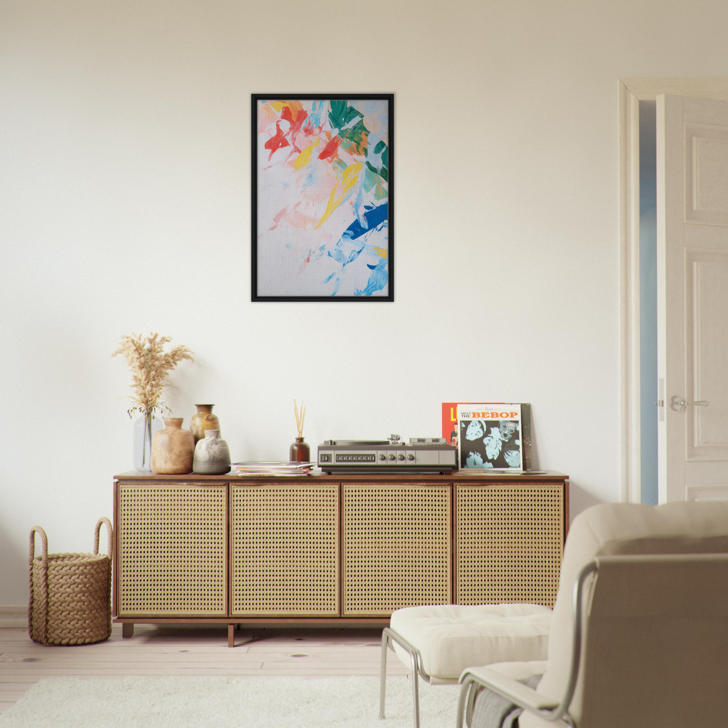 Wooden sideboard with cane-webbed doors showcasing decor from Kaleidoscopic Rhapsody Dance