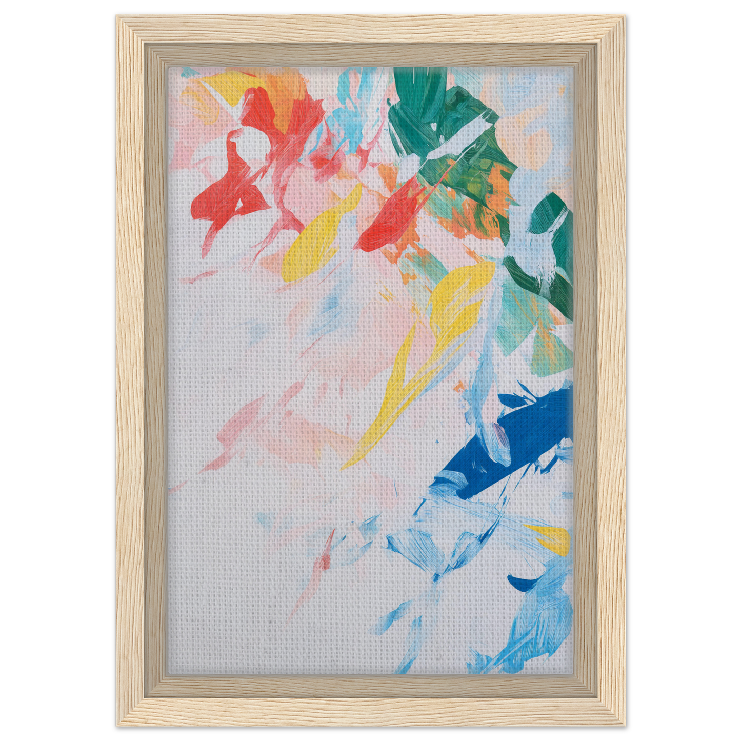 Abstract painting in light wooden frame showcasing vibrant colors for Kaleidoscopic Rhapsody Dance