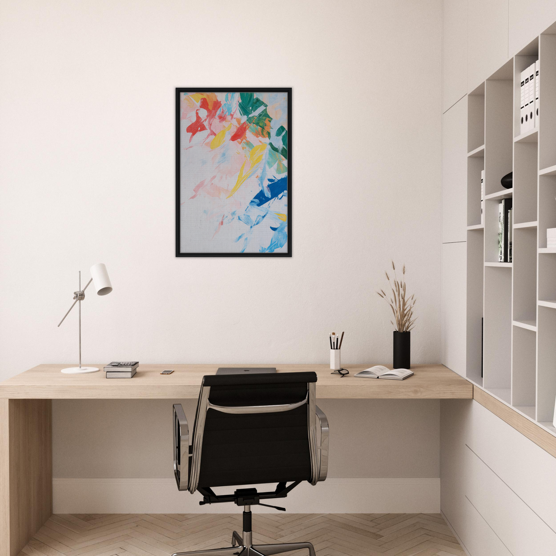 Minimalist home office featuring a wooden desk, chair, and Kaleidoscopic Rhapsody Dance artwork