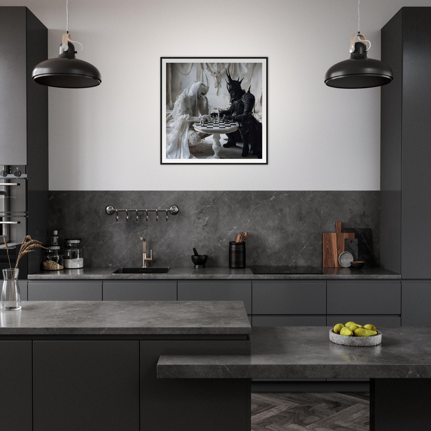Modern dark gray kitchen featuring Kindled Celestial Dance framed poster and black pendant lights